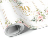 Boho Blush roze bloemengouden glitter 30e verjaard Cadeaupapier (Rol Hoek)