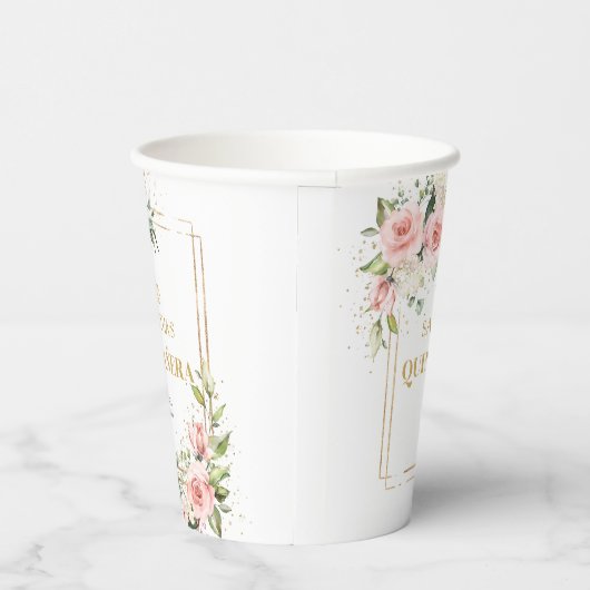 Boho Blush roze bloemengouden tiara Quinceanera Papieren Bekers (Rechts)