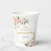 Boho Blush roze bloemengouden tiara Quinceanera Papieren Bekers (Voorkant)