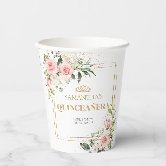 Boho Blush roze bloemengouden tiara Quinceanera Papieren Bekers (Voorkant)
