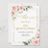 Boho Blush roze bloemengouden tiara Quinceanera Save The Date (Voorkant)
