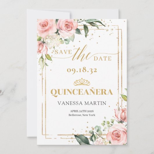 Boho Blush roze bloemengouden tiara Quinceanera Save The Date (Voorkant)