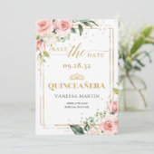 Boho Blush roze bloemengouden tiara Quinceanera Save The Date (Staand voorkant)