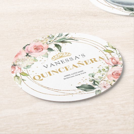 Boho Blush roze bloemengouden tiara salie Quincean Ronde Kartonnen Onderzetter (Gebogen)