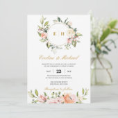Boho blush roze bloemenmonogram initialen bruiloft kaart (Staand voorkant)