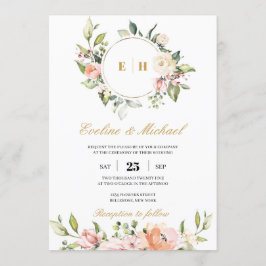 Boho blush roze bloemenmonogram initialen bruiloft kaart