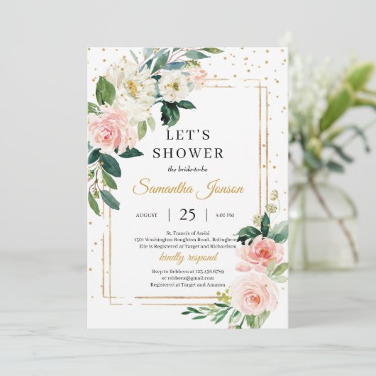 Boho blush roze bloemig en goud geometrische bruid kaart (Staand voorkant)