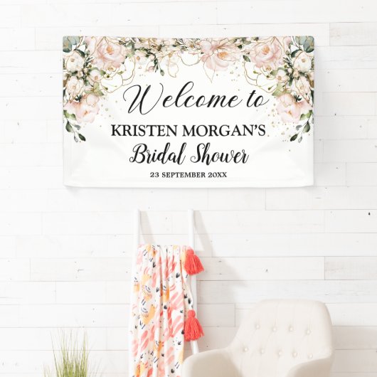 Boho blush roze bloemige rozen gouden vrijgezellen spandoek (Insitu)