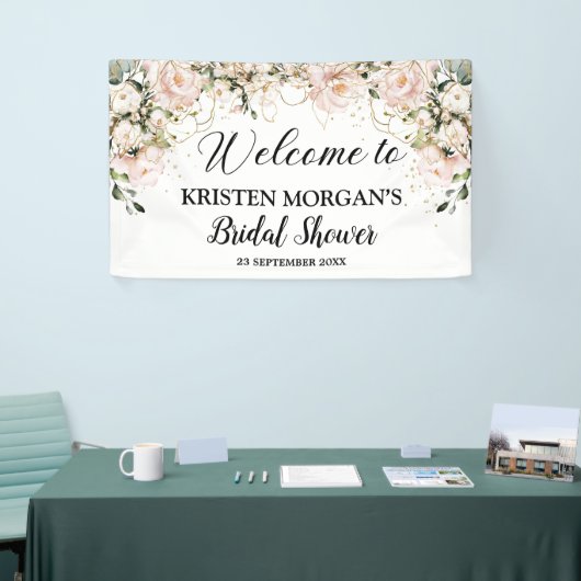 Boho blush roze bloemige rozen gouden vrijgezellen spandoek (Beurs)