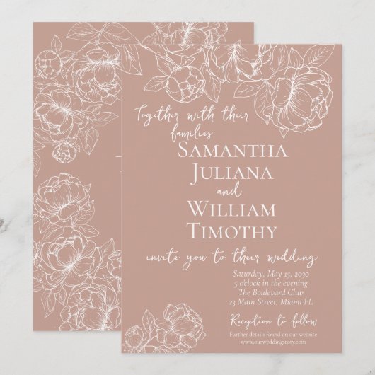 Boho Blush Roze Botanische Bloemen Moderne Huwelij Kaart (Voorkant / Achterkant)