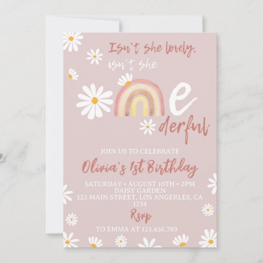 Boho Blush Roze Daisy 1e Verjaardag Uitnodiging (Voorkant)