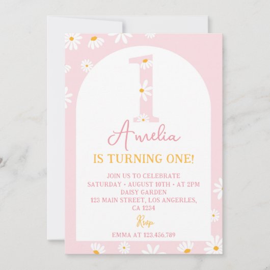 Boho Blush Roze Daisy 1e Verjaardag Uitnodiging (Voorkant)