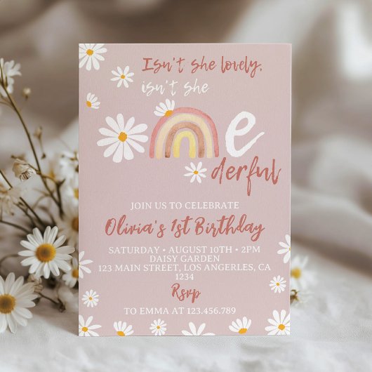 Boho Blush Roze Daisy 1e Verjaardag Uitnodiging