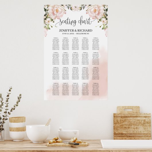 Boho blush roze floral gold bruiloft Seating chart Poster (Keuken)