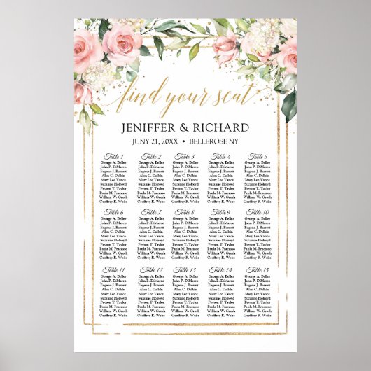 Boho blush roze floral gold bruiloft Seating chart Poster (Voorkant)
