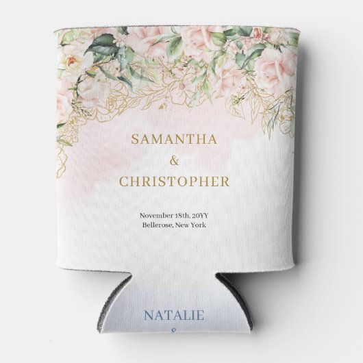 Boho blush roze floral rozen gouden groen bruiloft blikjeskoeler (Voorkant)