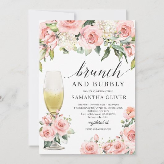 Boho blush roze florale champagne brunch en bubbly kaart (Voorkant)