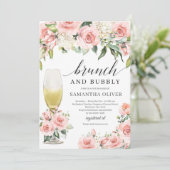 Boho blush roze florale champagne brunch en bubbly kaart (Staand voorkant)