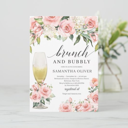 Boho blush roze florale champagne brunch en bubbly kaart (Staand voorkant)