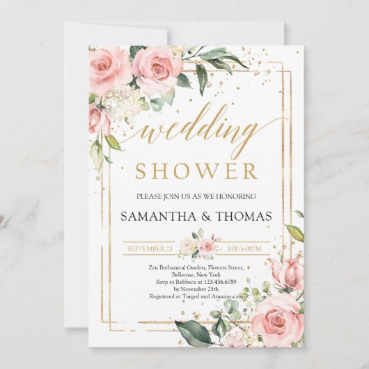 Boho blush roze florale gouddouche kaart (Voorkant)