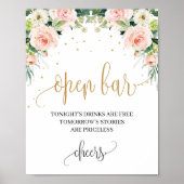 Boho blush roze florale gouden bruiloft open bar b poster (Voorkant)