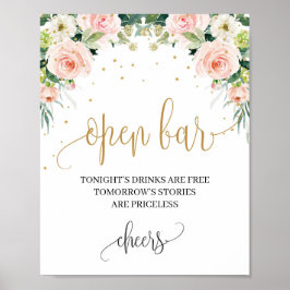Boho blush roze florale gouden bruiloft open bar b poster