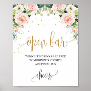 Boho blush roze florale gouden bruiloft open bar b poster