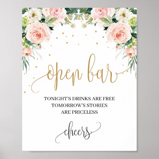Boho blush roze florale gouden bruiloft open bar b poster (Voorkant)