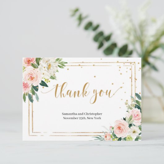 Boho Blush roze Flowers faux Gold geometric lijst Bedankkaart (Staand voorkant)
