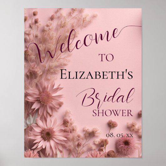 Boho Blush Roze Gedroogde Wildflowers Script Welko Poster (Voorkant)