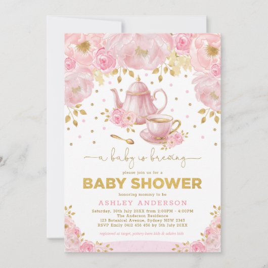 Boho Blush Roze Goud Baby shower Tea Party Kaart (Voorkant)