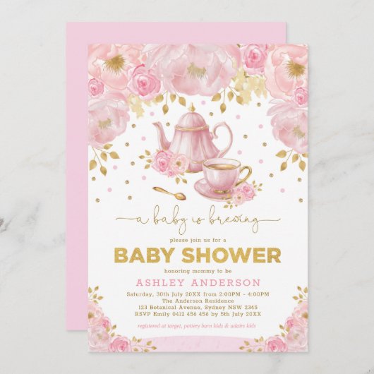 Boho Blush Roze Goud Baby shower Tea Party Kaart (Voorkant / Achterkant)