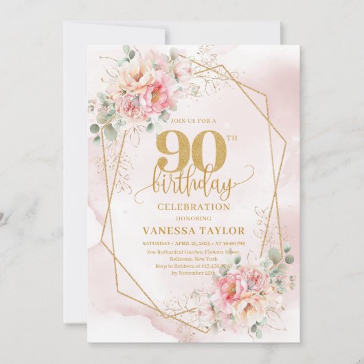 Boho Blush Roze Goud Bloemige 90ste Verjaardags Ui Kaart (Voorkant)