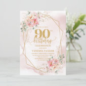 Boho Blush Roze Goud Bloemige 90ste Verjaardags Ui Kaart (Staand voorkant)