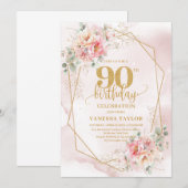 Boho Blush Roze Goud Bloemige 90ste Verjaardags Ui Kaart (Voorkant / Achterkant)