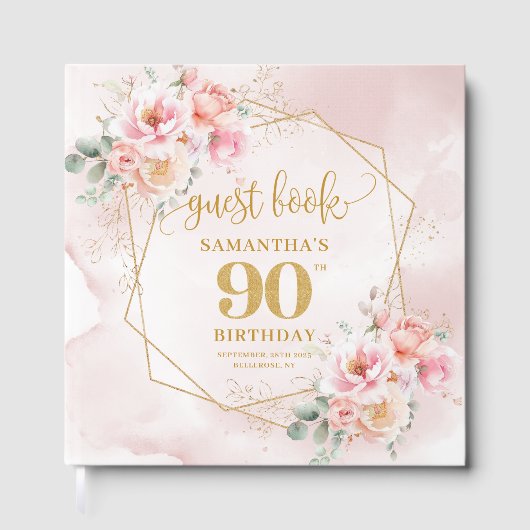 Boho blush roze gouden bloemen 90 verjaardag gaste gastenboek (Voorkant)