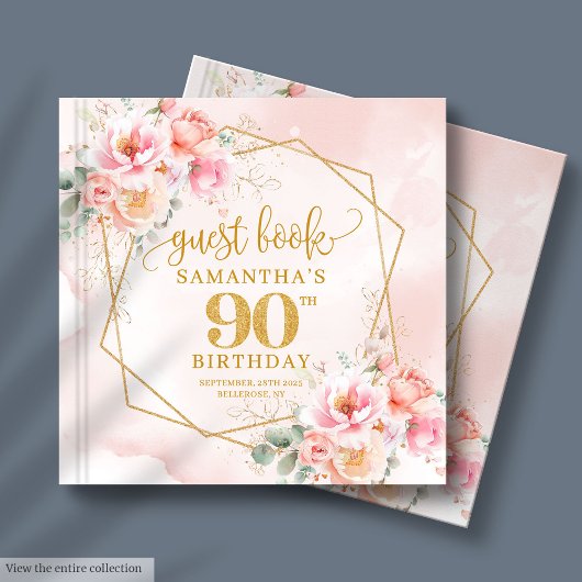 Boho blush roze gouden bloemen 90 verjaardag gaste gastenboek