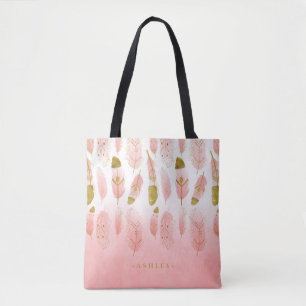 Boho Blush Roze & Gouden Veren Ombre Bruidsmeisje Tote Bag