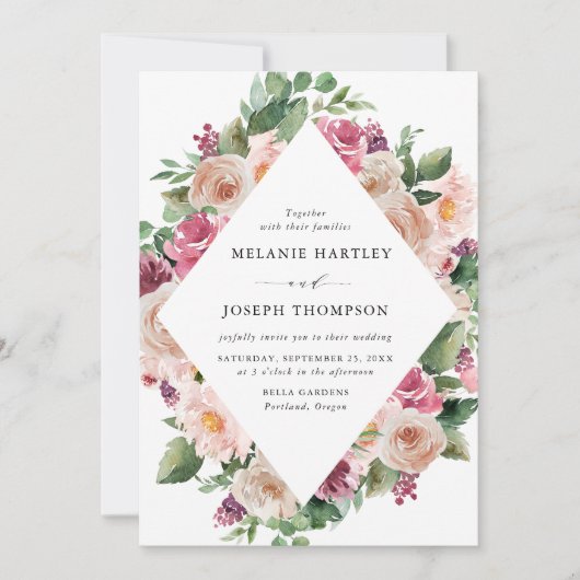 Boho Blush & Roze lente bloemenbruiloft Kaart (Voorkant)