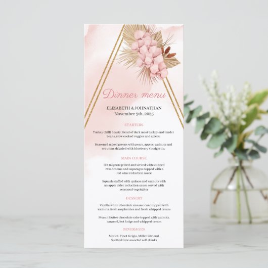Boho Blush Roze orchidee Gedroogde Palm bladeren G Menu (Staand voorkant)