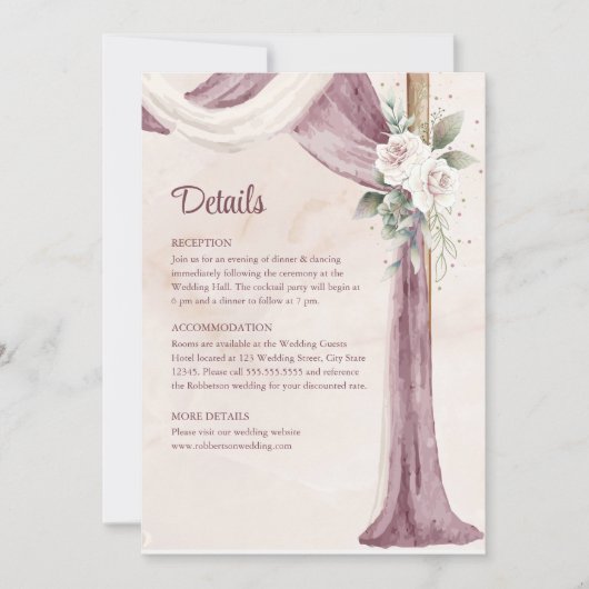 Boho Blush Roze Paarse Bladerdak Bruiloft Details  Kaart (Voorkant)