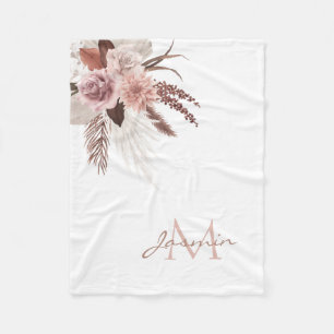 Boho Blush Roze Pampas Gras Bloemen Monogram Fleece Deken