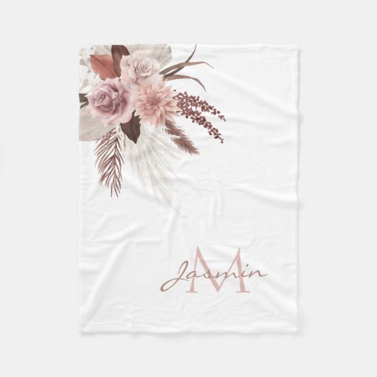 Boho Blush Roze Pampas Gras Bloemen Monogram Fleece Deken (Voorkant)