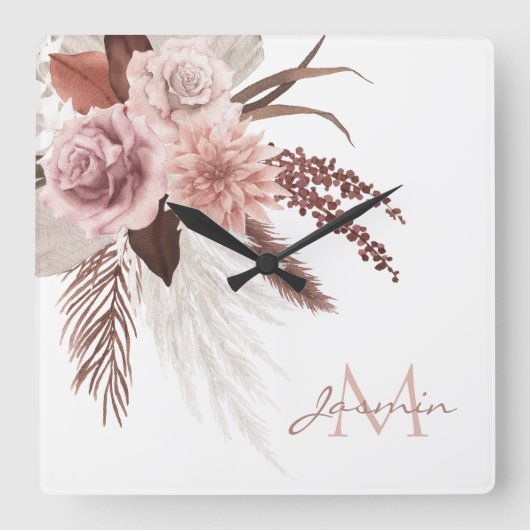 Boho Blush Roze Pampas Gras Bloemend Monogram Vierkante Klok (Voorkant)