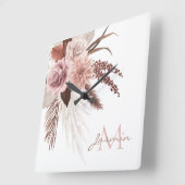 Boho Blush Roze Pampas Gras Bloemend Monogram Vierkante Klok (Hoek)