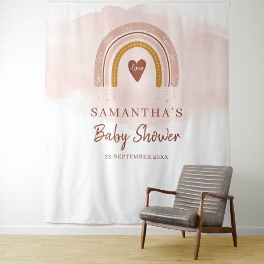 Boho Blush Roze Rainbow Baby shower Party Achtergr Wandkleed (In situ)