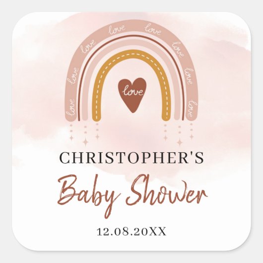 Boho Blush Roze Rainbow baby shower vierkante stic Sticker (Voorkant)