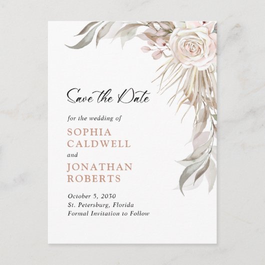Boho Blush Roze Roos Elegant Gebladerte Save the D Aankondigingskaart (Voorkant)