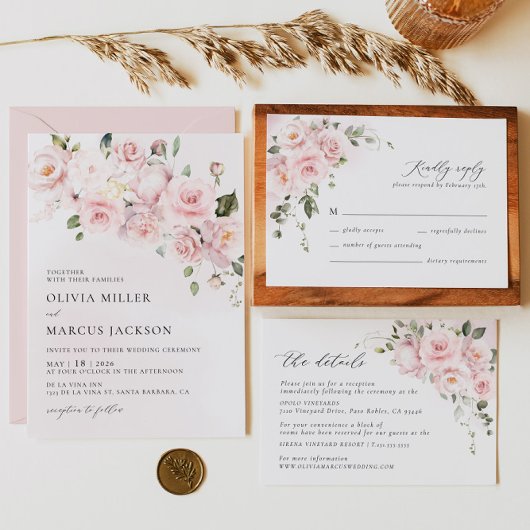 Boho Blush Roze Rose Bloemen Bruiloft Uitnodiging