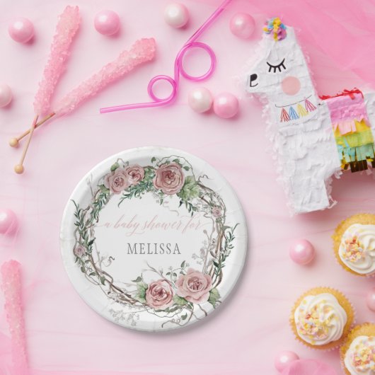 BOHO Blush Roze Rose Floral Baby Girl Shower Papieren Bordje (Feest)